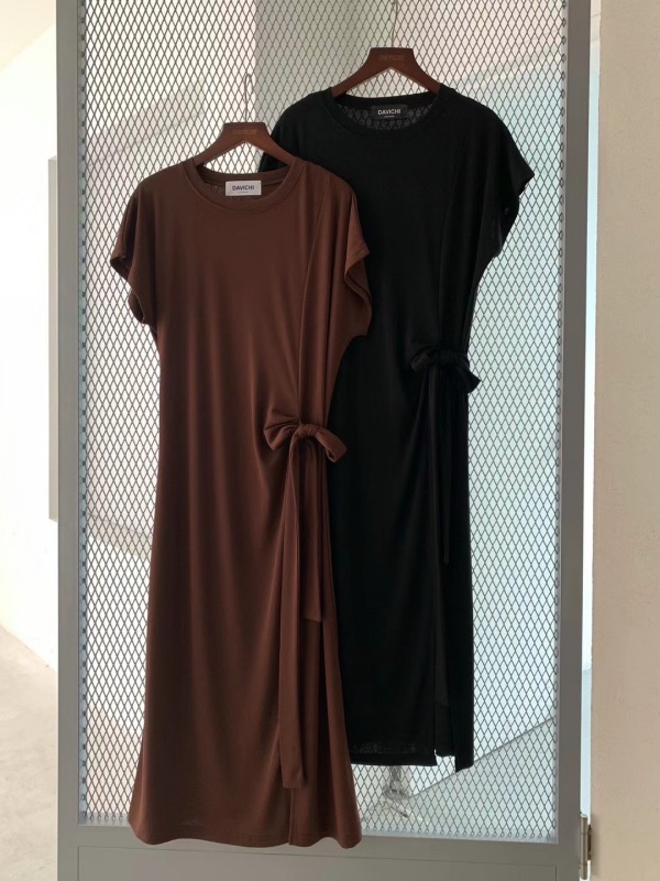 韓 側綁帶圓領素色長洋 2色 size