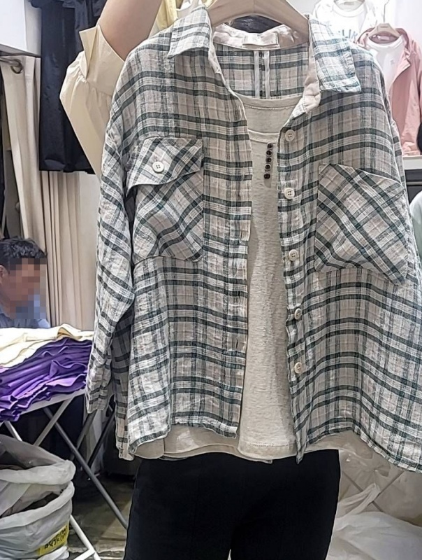 韓 棉麻短版格紋外套 2色 size
