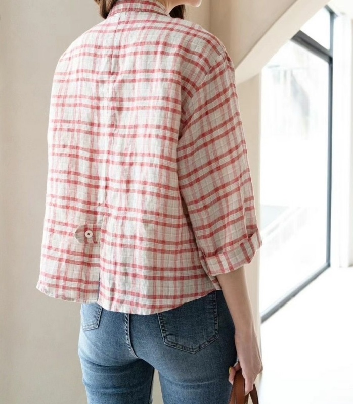韓 棉麻短版格紋外套 2色 size