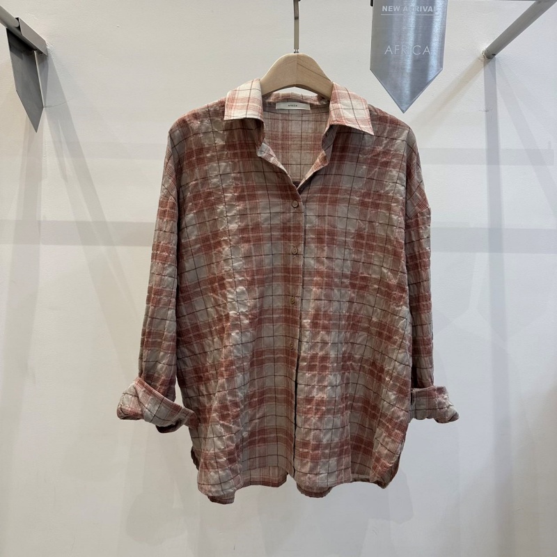 韓 拚色棉質格文襯衫 3色 size