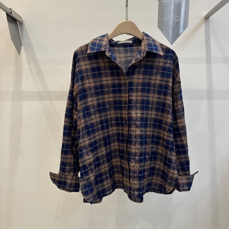 韓 拚色棉質格文襯衫 3色 size