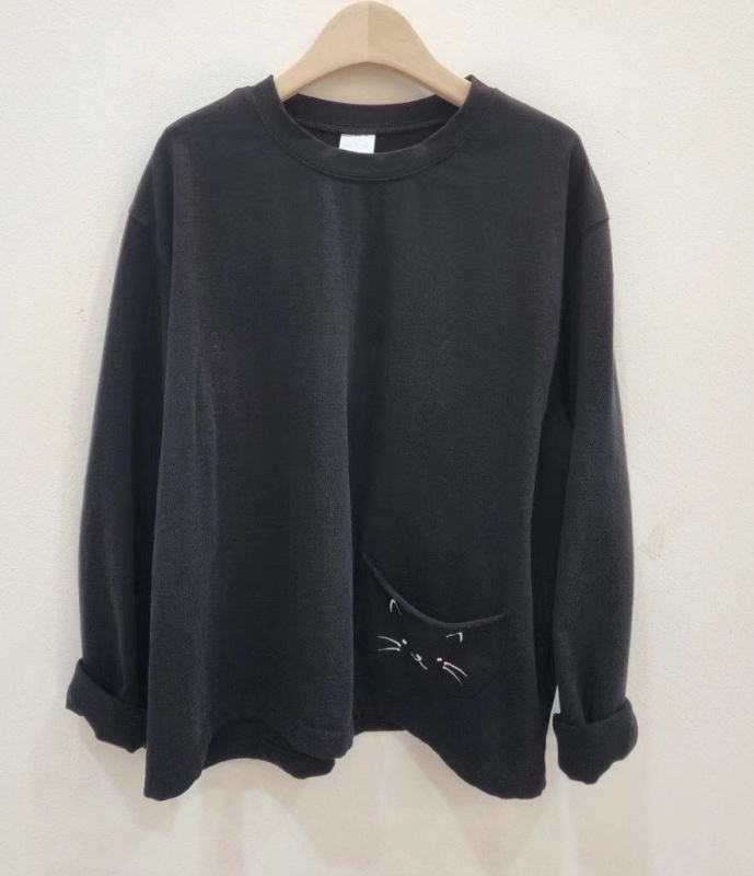 韓 手肘拼布口袋貓咪上衣 2色 size