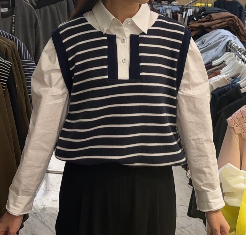 韓 假兩件條文有領上衣 2色 size