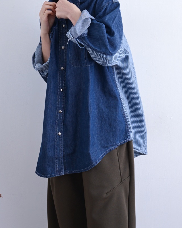 韓 後條文牛仔襯衫 2色 size