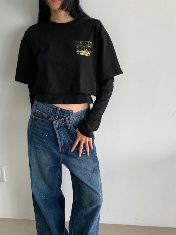 韓 小斜釦潑漆牛仔褲 size