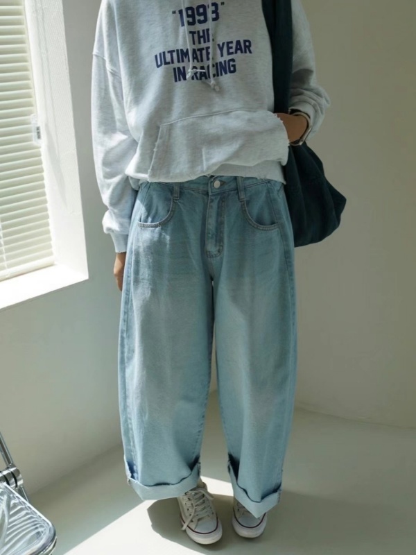 韓 不收邊褲管牛仔大寬褲 3色 size