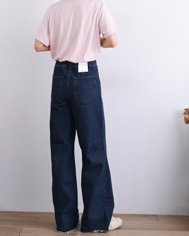 韓  褲管鬚鬚中藍牛仔褲 size
