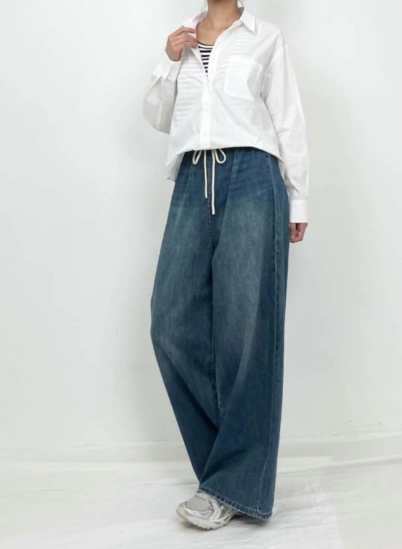 韓 腰鬆緊刷色牛仔寬褲 size