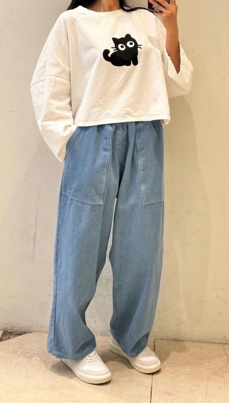 韓 前大口袋牛仔小寬褲 3色 size