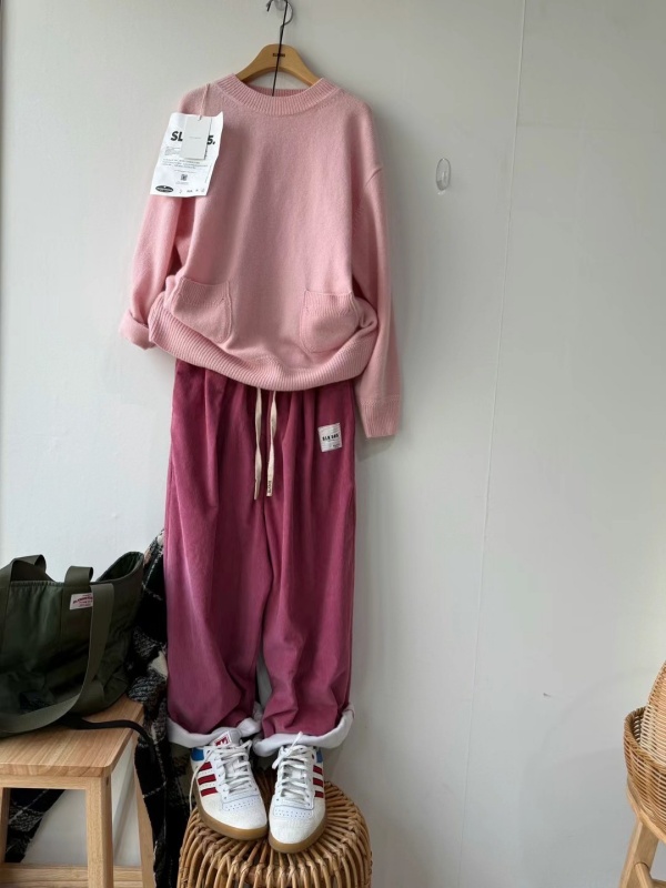 韓  腰頭配色燈心絨寬褲 5色