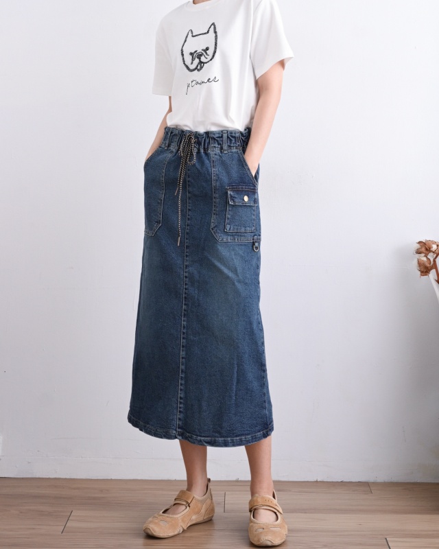 韓 大小口袋綁帶牛仔裙 size
