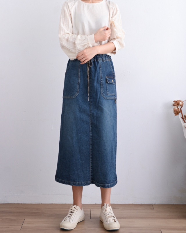 韓 大小口袋綁帶牛仔裙 size