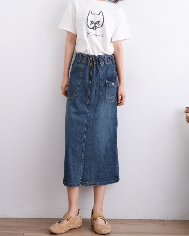 韓 大小口袋綁帶牛仔裙 size