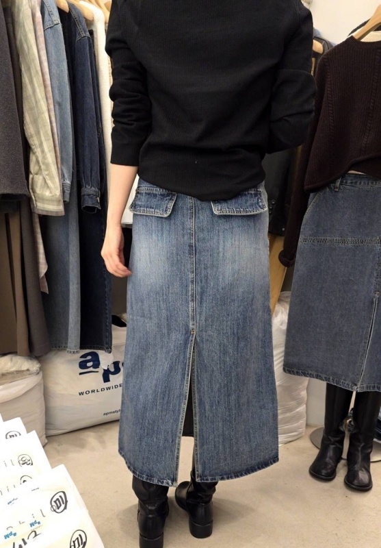 韓 刷色後岔牛仔長裙 size