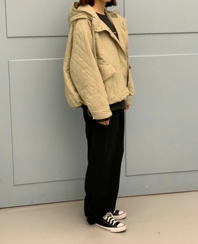 韓 菱格連帽鋪棉外套 2色