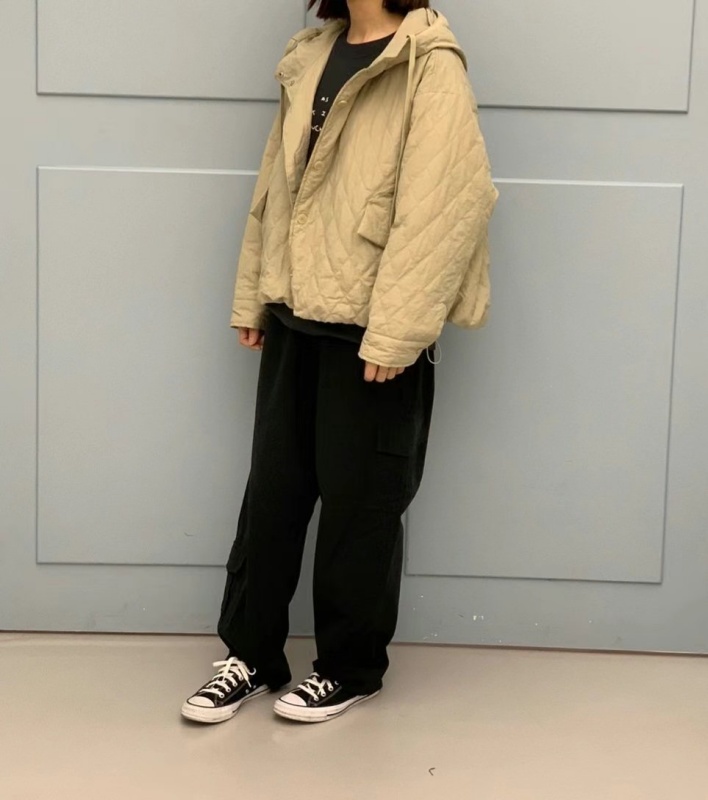 韓 菱格連帽鋪棉外套 2色