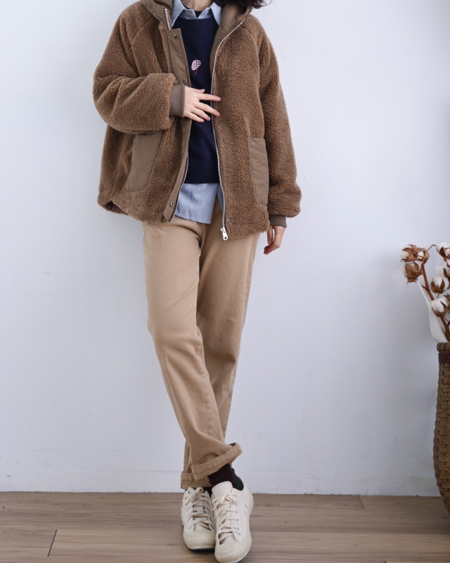 韓 毛毛連帽口袋外套 2色 size