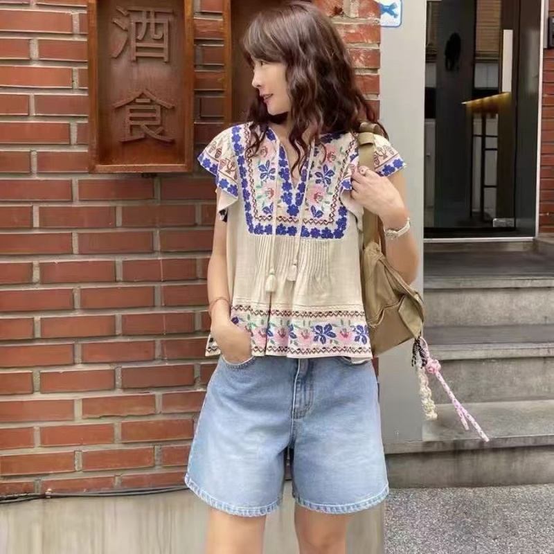 韓 小花壓摺綁帶上衣 2色 size