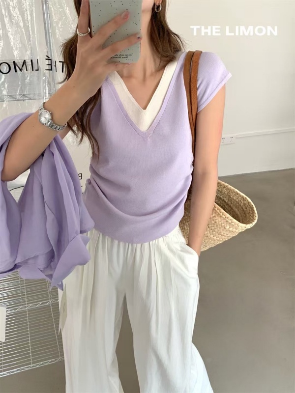 韓 V領配色上衣 6色