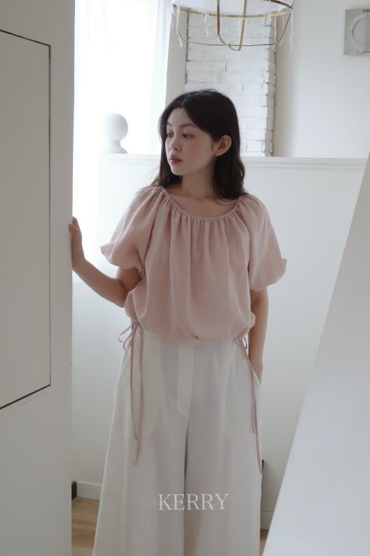 韓 圓領下綁帶上衣 4色