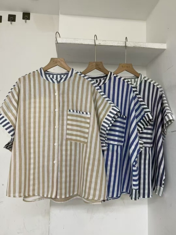 韓 拚色條文無領襯衫 3色 size
