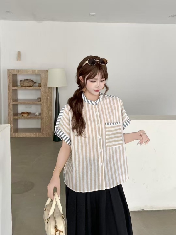 韓 拚色條文無領襯衫 3色 size