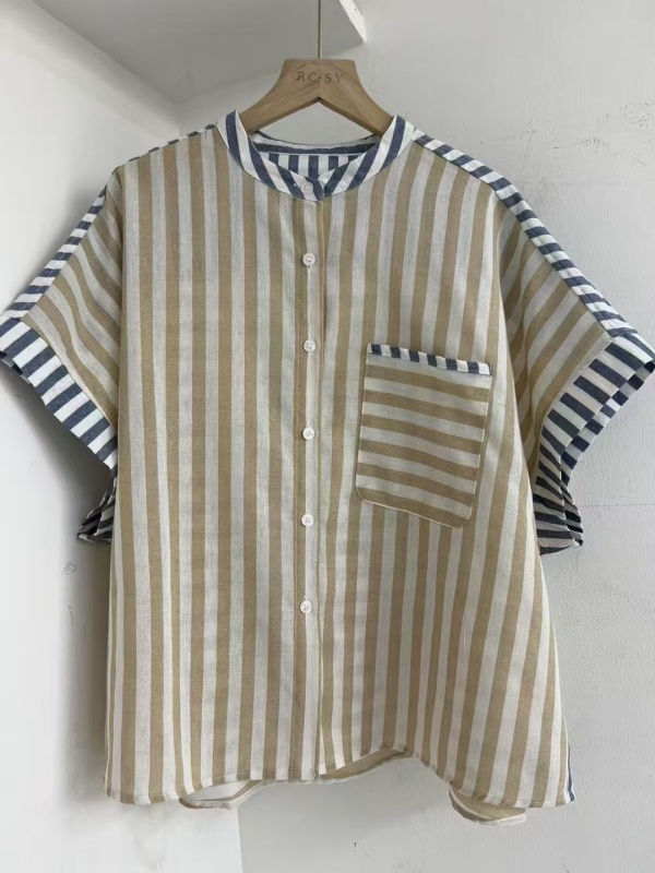 韓 拚色條文無領襯衫 3色 size
