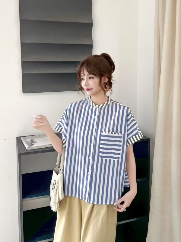 韓 拚色條文無領襯衫 3色 size
