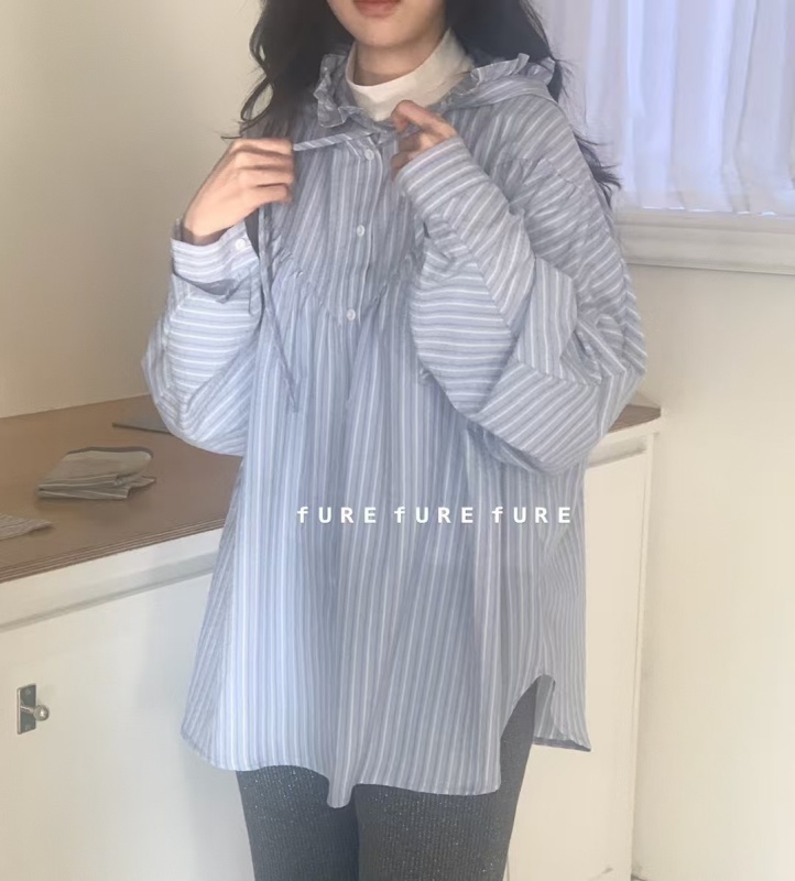 韓 壓摺連帽細條文上衣 2色