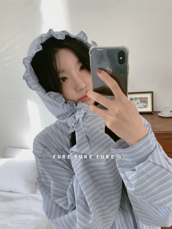 韓 壓摺連帽細條文上衣 2色