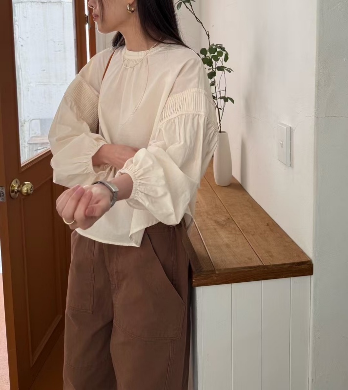 韓 壓摺袖圓領上衣 2色 size