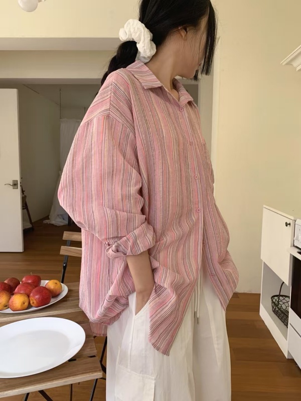韓 配色細條文襯衫 2色