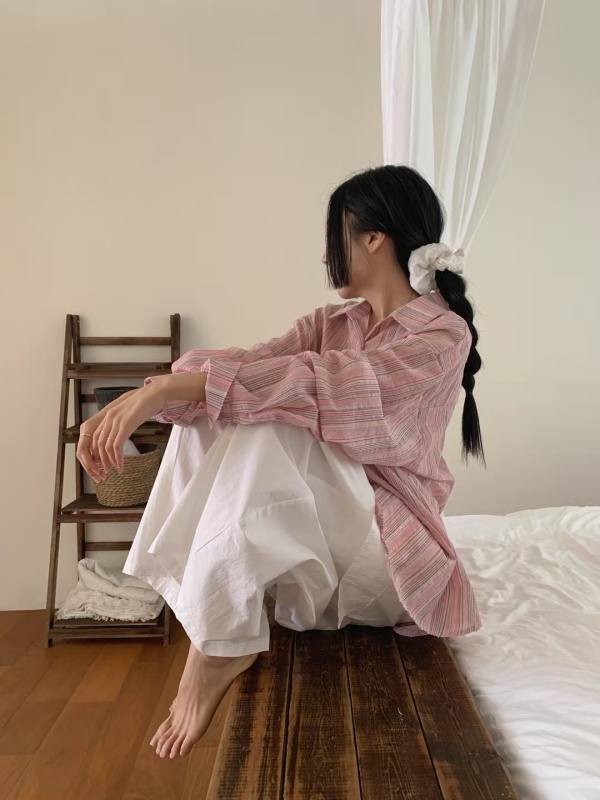 韓 配色細條文襯衫 2色