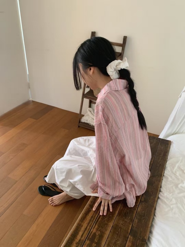 韓 配色細條文襯衫 2色