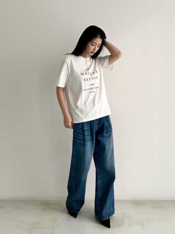 韓 前打折刷紋牛仔褲