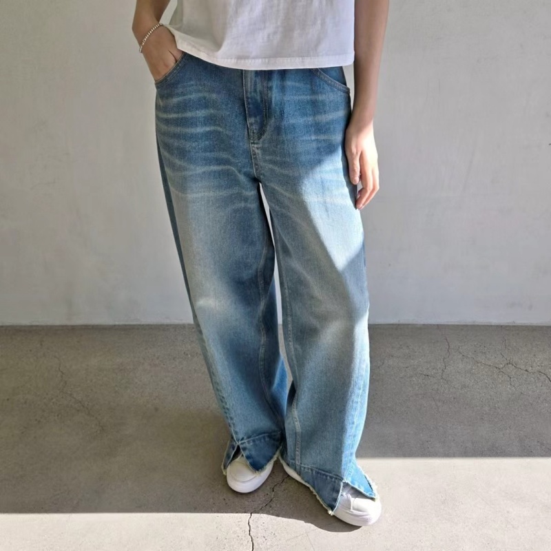 韓 褲管小衩刷色牛仔褲 size