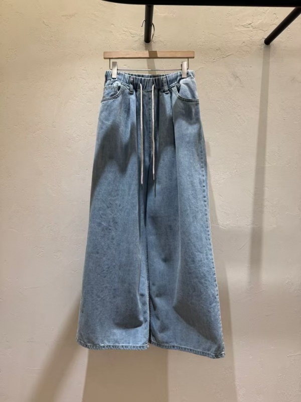 韓 綁帶腰鬆緊牛仔大寬褲