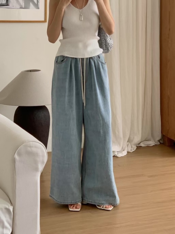 韓 綁帶腰鬆緊牛仔大寬褲