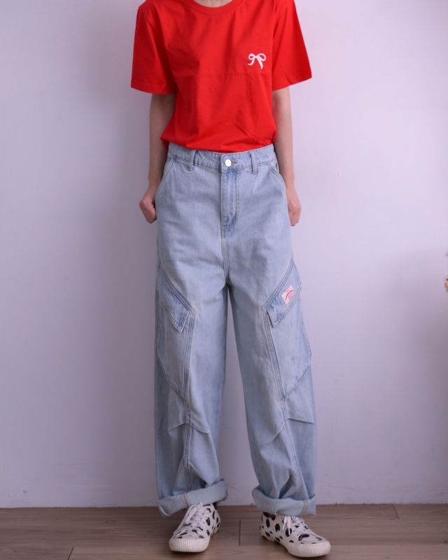 韓 側口袋帥牛仔寬褲 size