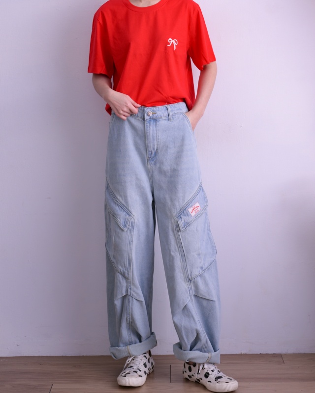 韓 側口袋帥牛仔寬褲 size