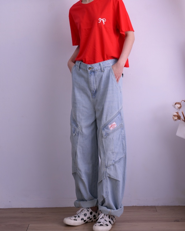 韓 側口袋帥牛仔寬褲 size