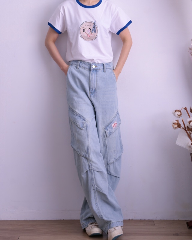 韓 側口袋帥牛仔寬褲 size