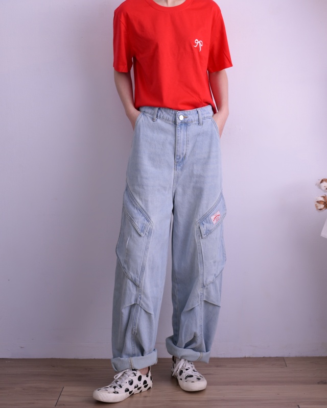 韓 側口袋帥牛仔寬褲 size