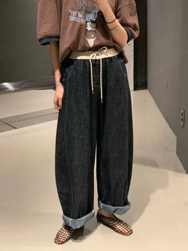 韓 前細雙車線綁帶寬褲