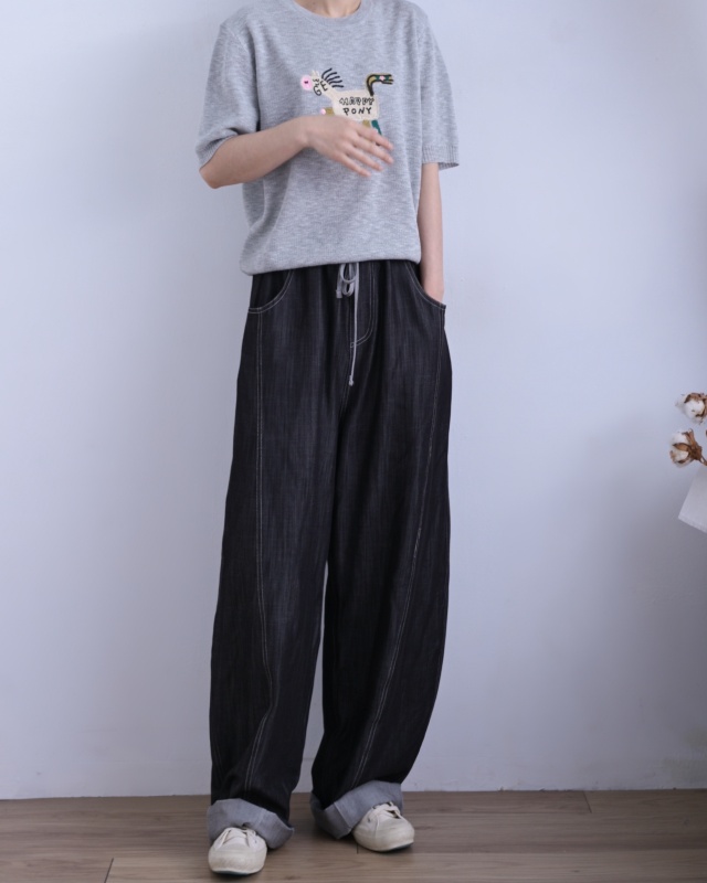 韓 腰頭配色斜車線寬褲 2色 size