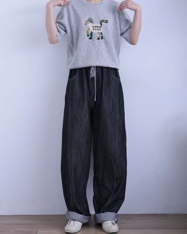 韓 腰頭配色斜車線寬褲 2色 size