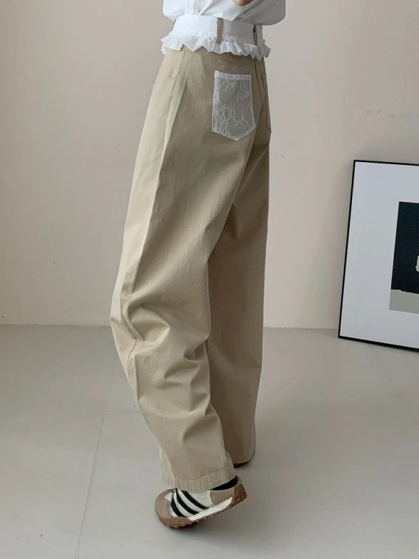 韓 接織花車線寬褲 size