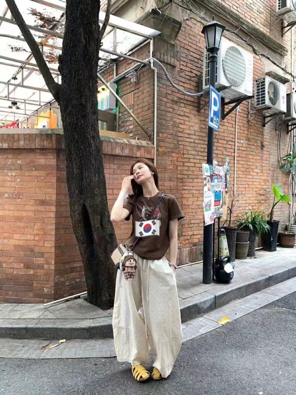 韓 綁帶圓弧寬褲 2色 size