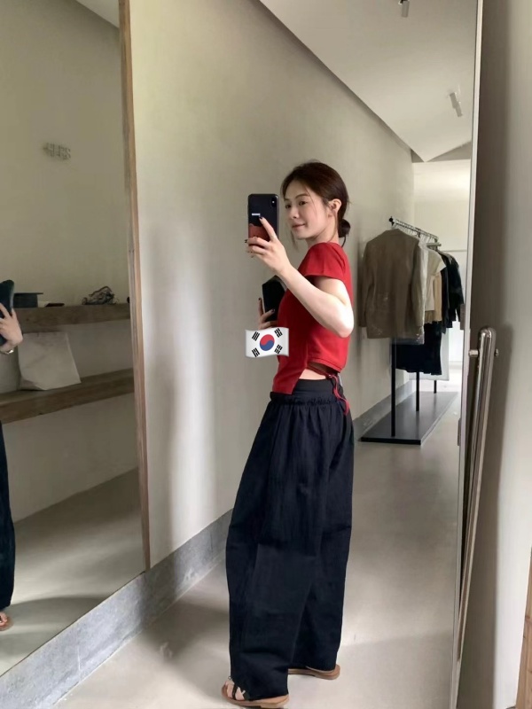 韓 綁帶圓弧寬褲 2色 size