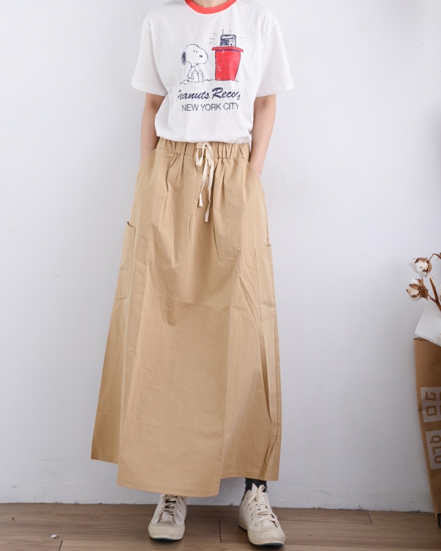 韓 側大口袋棉質綁帶長裙 2色 size